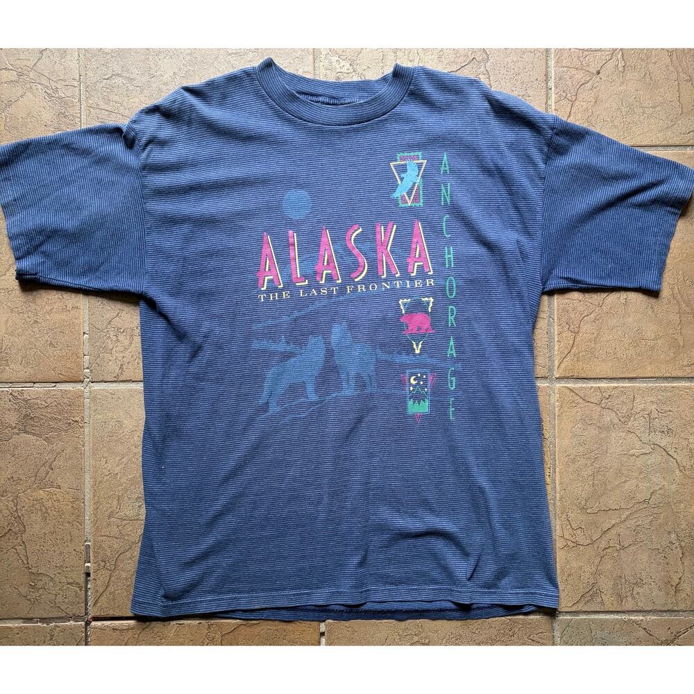 Vintage Alaska Anchorage T-Shirt L Blue Striped Tourist Tee USA Single Stitch